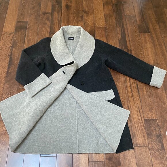 New ONLY Lady Women Contrast Collar Dark Grey Wool Coat with Pocket - Picture 5 of 7